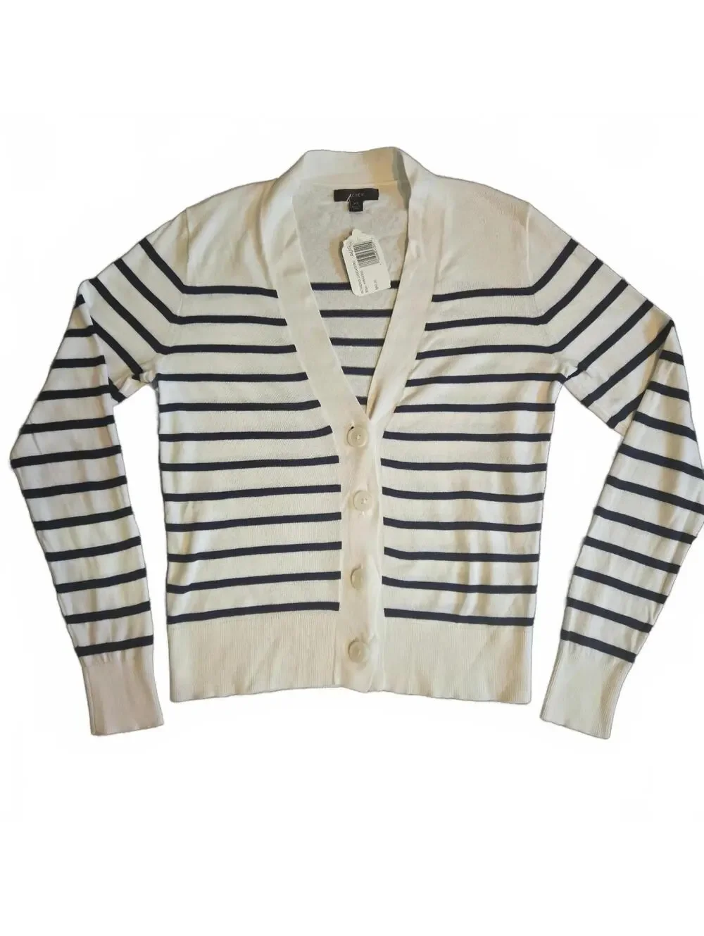 J.Crew Women's XS White Navy Striped Button-Up Cardigan Sweater